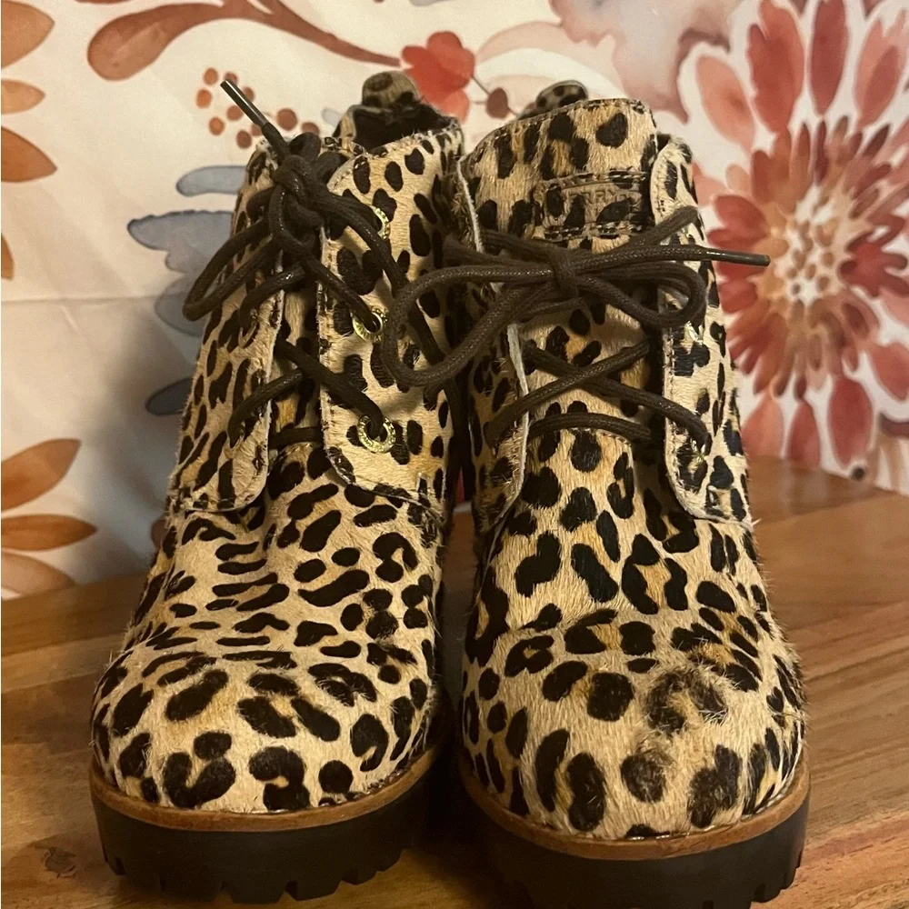 Sperry Princeton Womens 9M Leopard Leather Faux Fur Chunky Heel Fall Booties